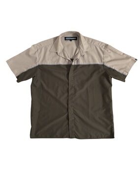 Point Zero Y2K Two-Tone Short Sleeve Work Shirt in Beige and Olive
